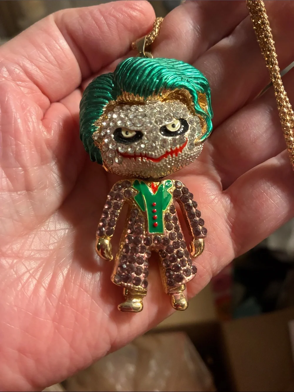 Green-Haired Joker Pendant Necklace with Rhinestones
